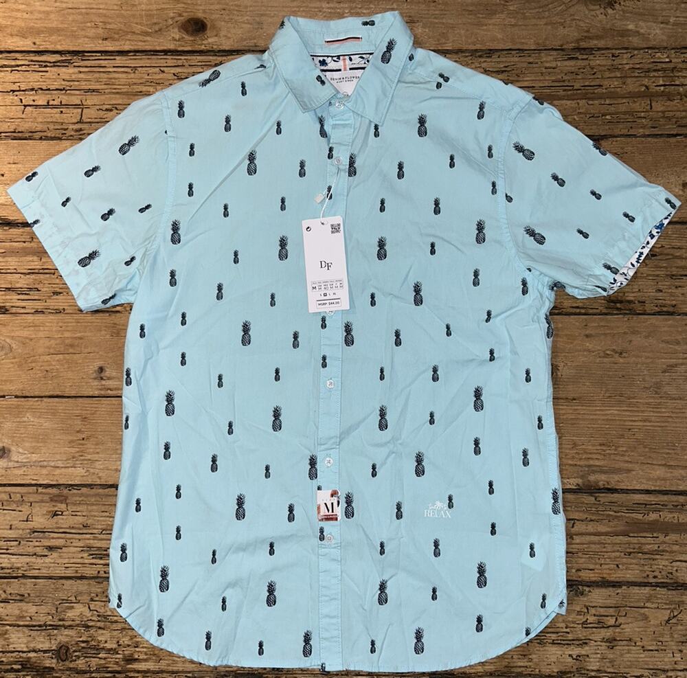 Denim & Flower Ricky Singh Men Sz M Teal Black Pineapple Print Button Up NWT